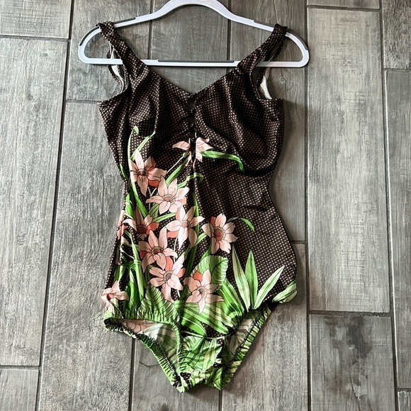 Vintage Sandcastle One Piece Swimsuit women’s brown polkadot floral 18 - Picture 1 of 7